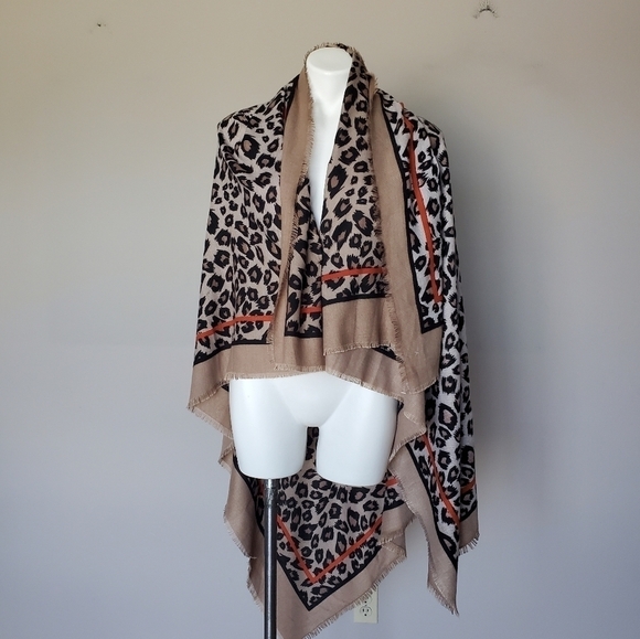 Boho Leopard Cheetah Animal Print Square Wool Scarf Wrap Shawl Raw Hem Trim - Picture 2 of 10